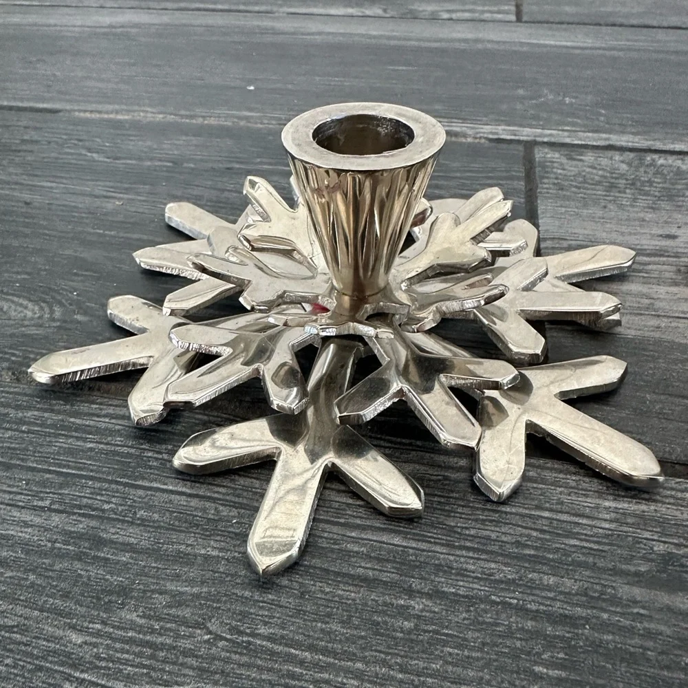 Crate & Barrel Pair of Shiny Snowflake Taper Holders